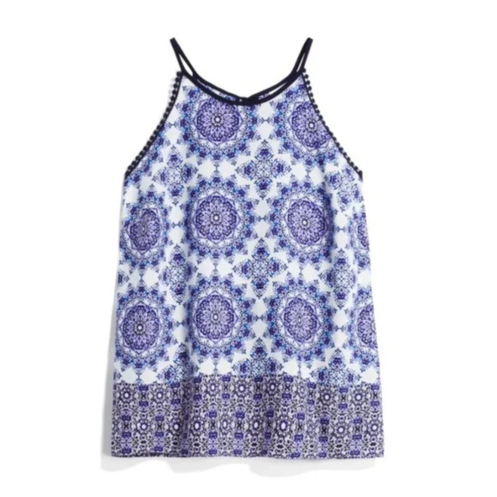 NWOT Kaileigh White Navy Blue Halter Tie Back‎ Sleeveless Crochet Trim Tank